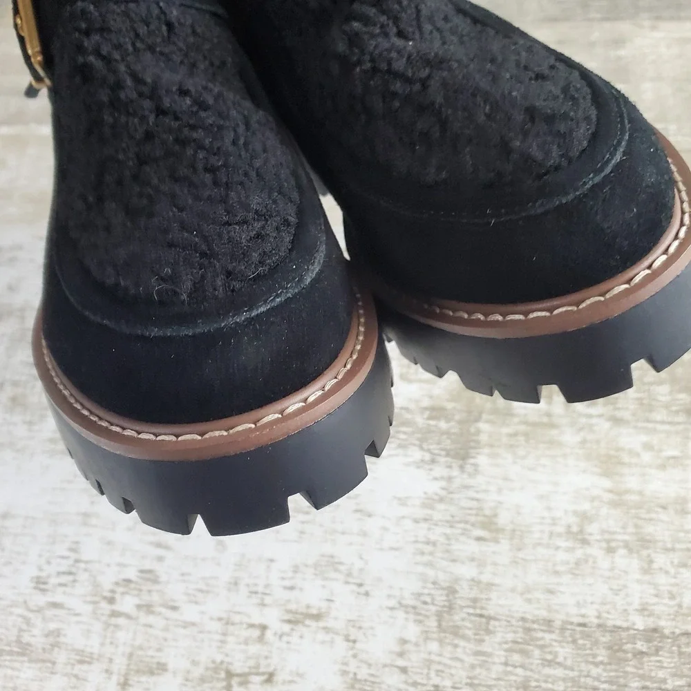 Vince‎ Camuto Destonny Cozy Womens Booties Sz 7 M Black Suede Buckle Block Heel